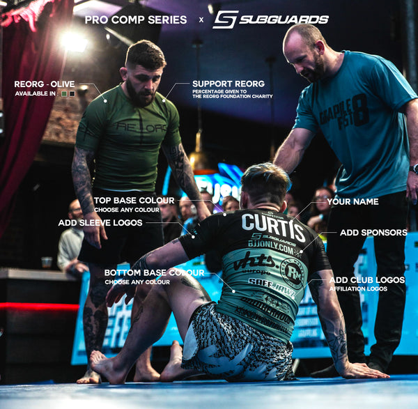 The Reorg Olive Rashguard and Pro Comp Custom made BJJ Rashguard both in action during a Grappling competition. The Pro Comp features club logos and sponsors. Perfect for any MMA athlete or Jiu Jitsu competitor. Custom made BJJ Rashguard and MMA Shorts